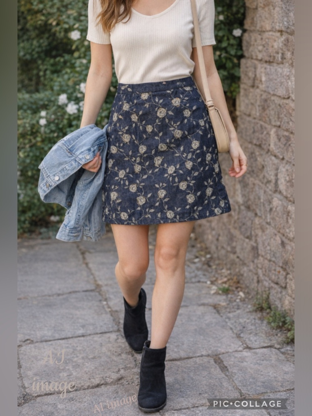Vintage 90s Embroidered Denim Mini Skirt Petite 6 Rose Metallic Thread A-Line